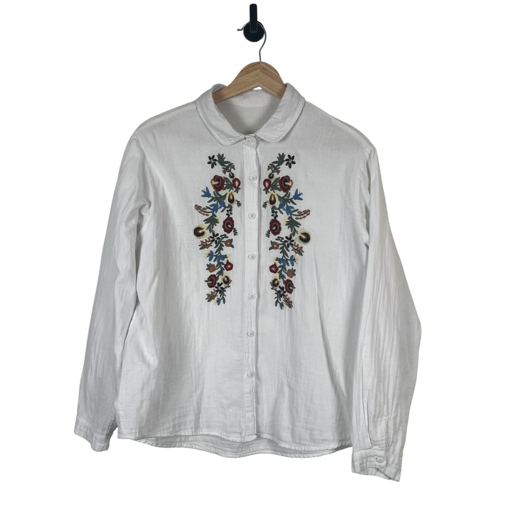Womens White Cotton Gauze Floral Embroidered Peter Pan Collar Button Down Shirt